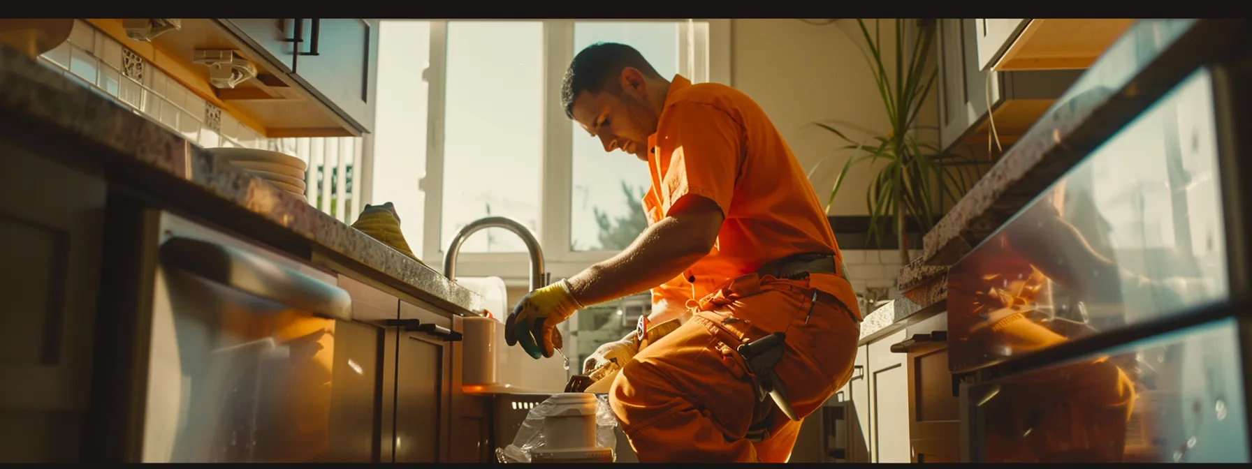 a plumber in a bright orange uniform swiftly fixing a burst pipe in a modern kitchen, ensuring safety and peace of mind for homeowners in san diego.