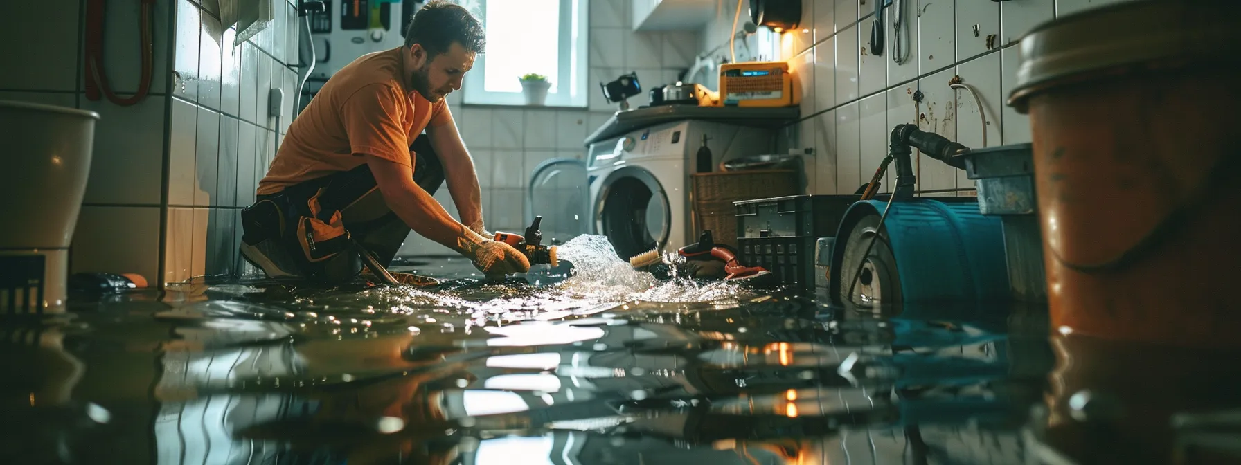 a plumber urgently fixing a burst pipe in a flooded bathroom, surrounded by water and tools.