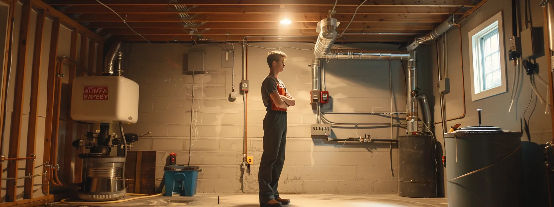 a plumber inspecting a modern, well-maintained pipe system in a clean, orderly basement setting.