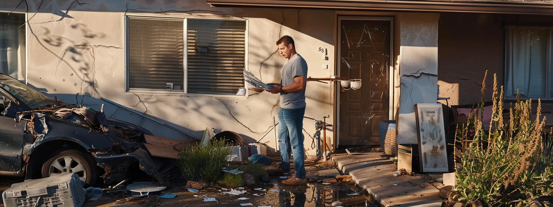 a homeowner standing in front of a damaged water tank, carefully reviewing their home insurance policy in san diego.