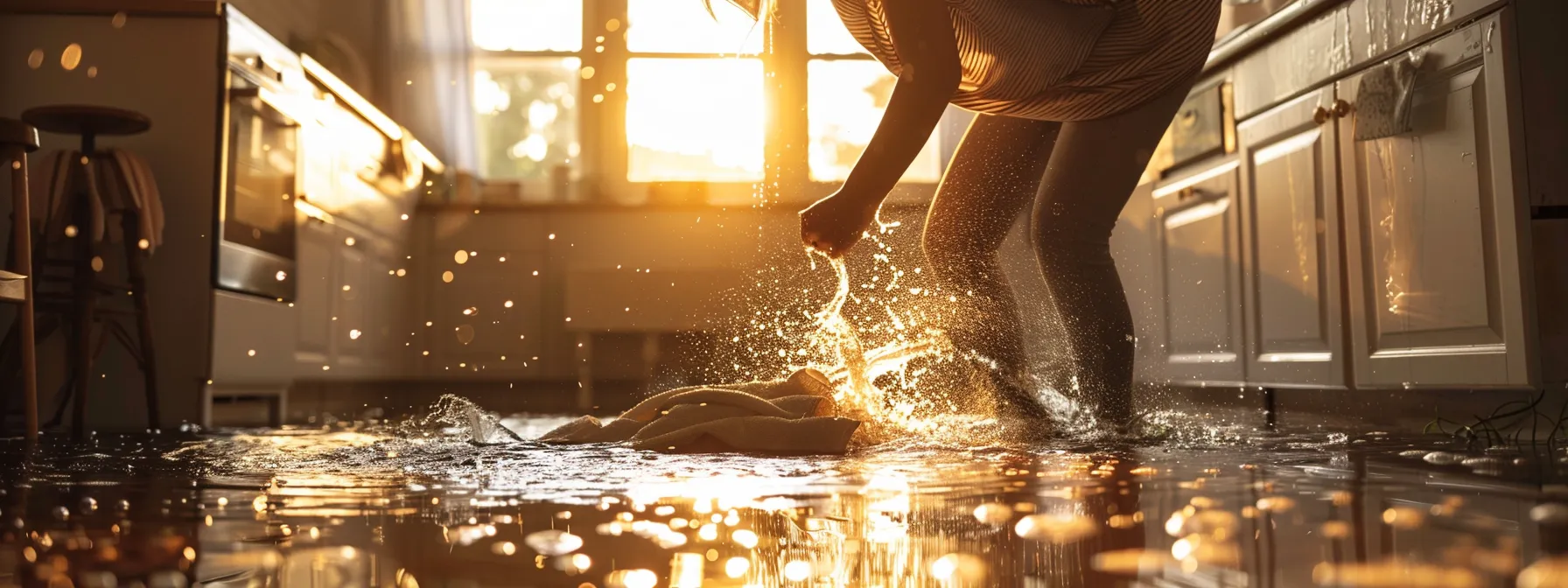 a person frantically using towels to soak up water leaking from a burst pipe in a flooded kitchen.