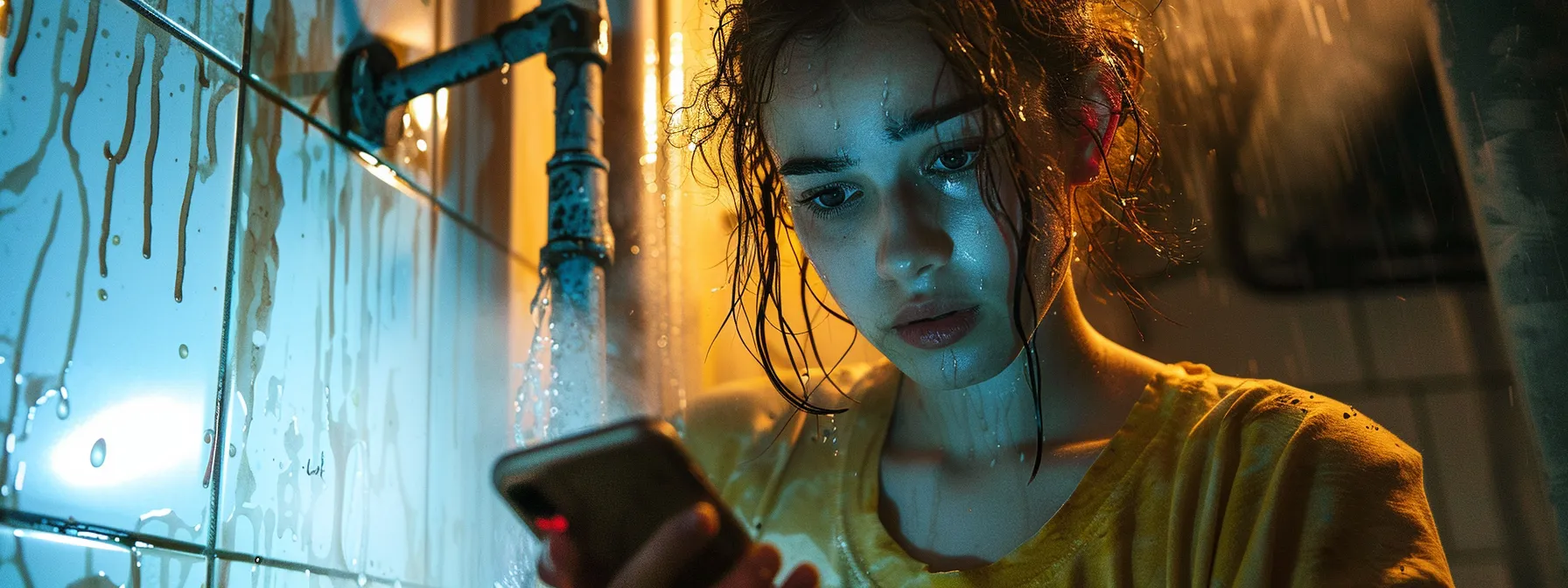 a person standing in front of a leaking pipe, holding a phone with a look of uncertainty on their face.