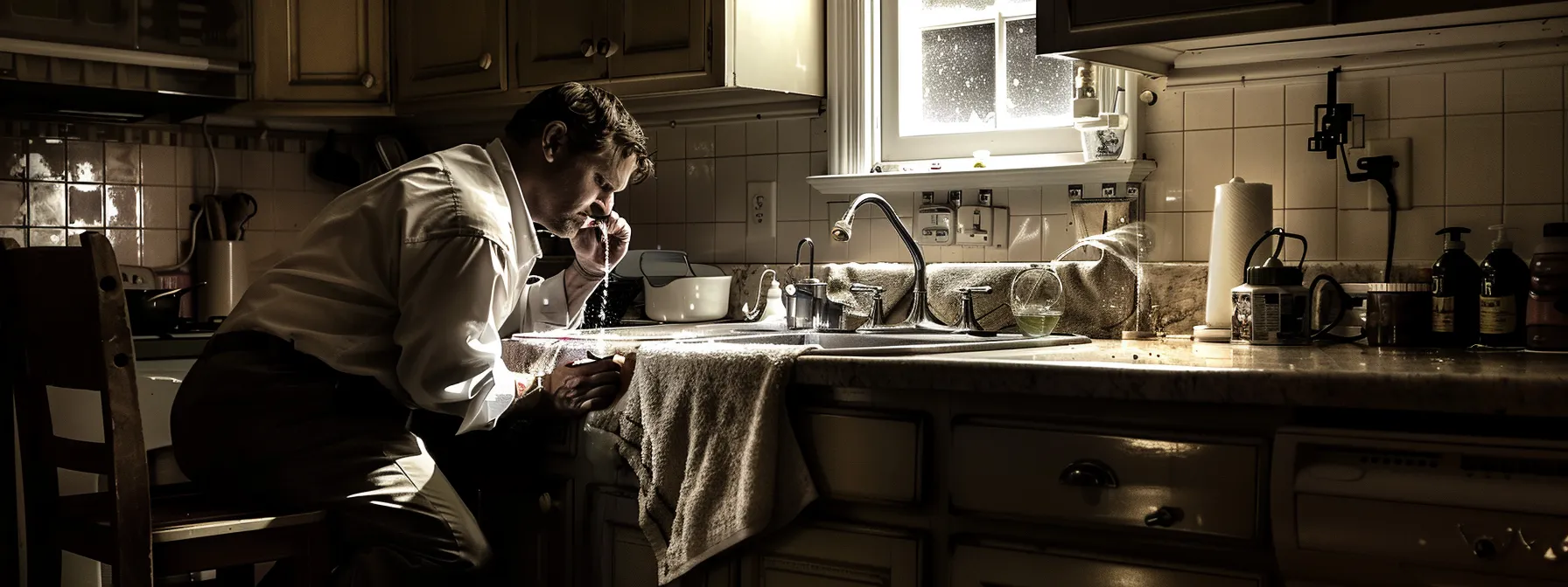 a plumber fixing a leak under a kitchen sink with a homeowner on the phone explaining the issue.