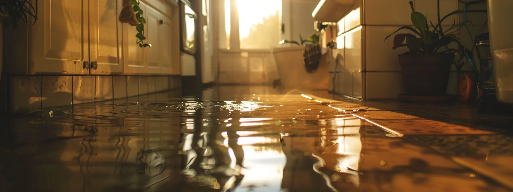 a photo of a water puddle forming beneath a sink, with a visible drop in water pressure and a high water bill on the counter.