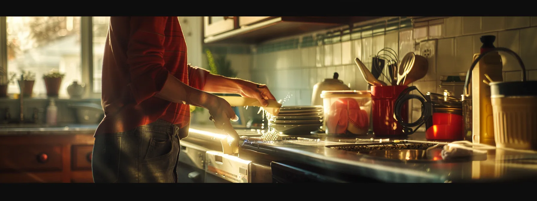 a person quickly wrapping plumbing tape around a leaking pipe while placing buckets to catch dripping water in a well-lit kitchen.