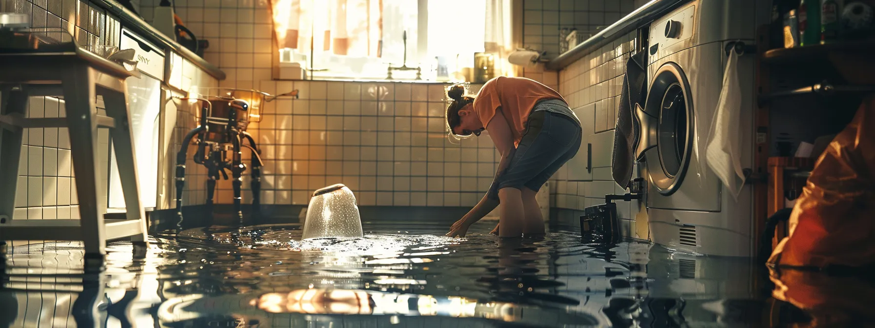 a person cautiously assessing a plumbing leak, surrounded by water and potential electrical hazards.