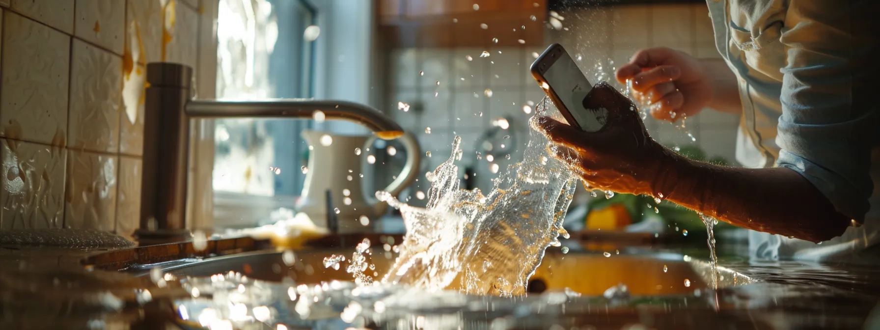 a homeowner frantically juggling a phone in one hand while water gushes from a burst pipe in the background, portraying the urgent decision between calling a plumber or insurance company.