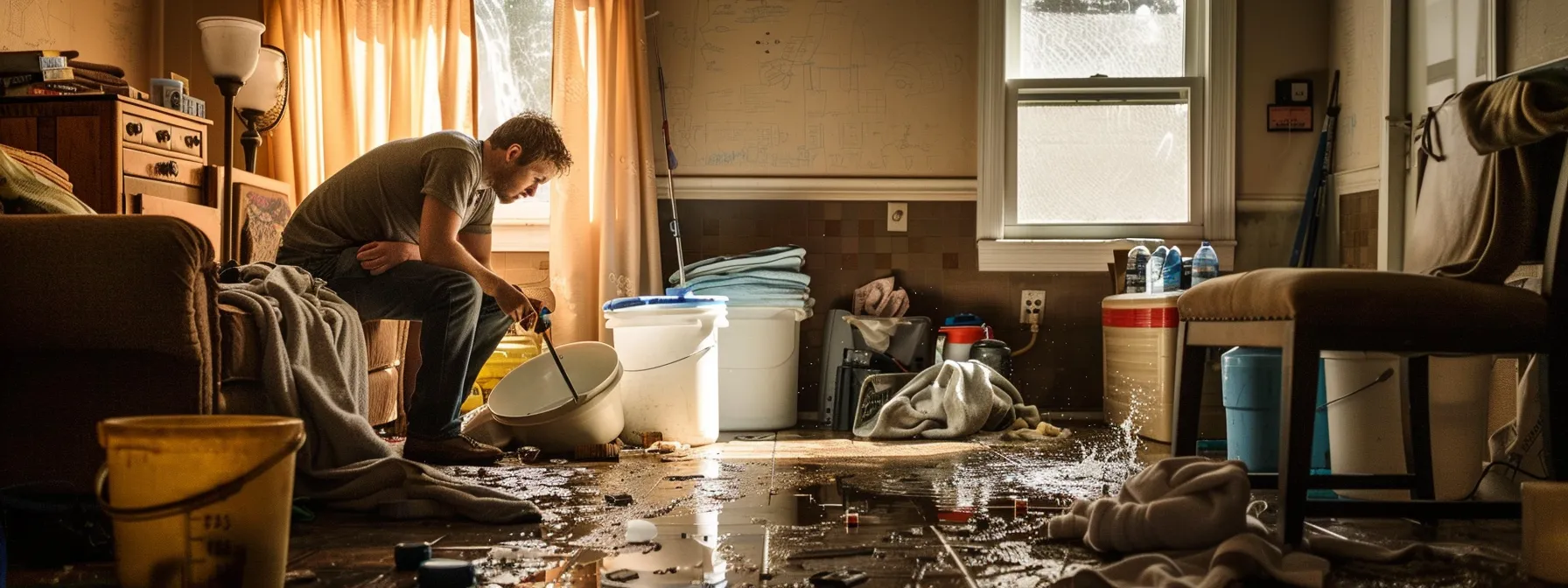 a homeowner quickly shutting off the main water supply with a look of urgency on their face, surrounded by scattered towels and buckets to contain the plumbing emergency.