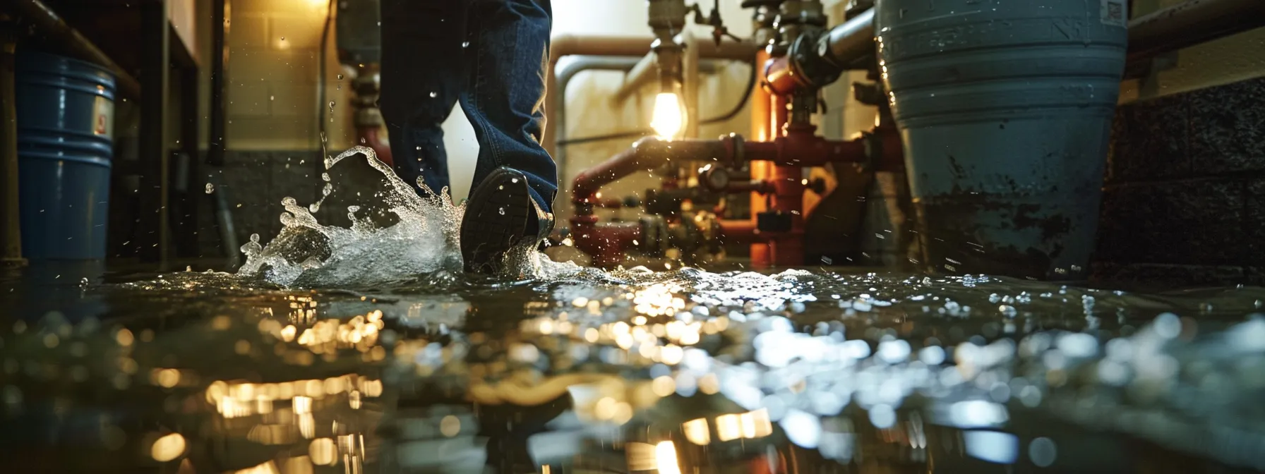 a person quickly turning off the main water shut-off valve in a basement flooded with water, preventing further damage.